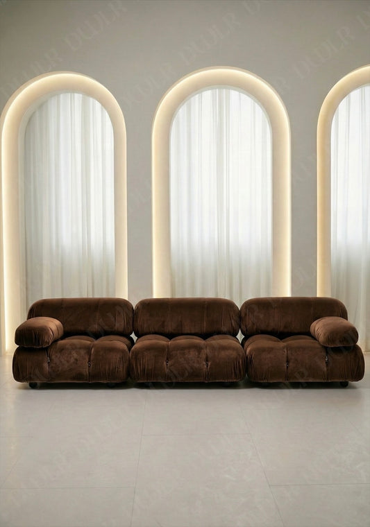 3 seater Cierra modular sofa in brown velvet upholstery with plush cushioned seats and modular sectional design