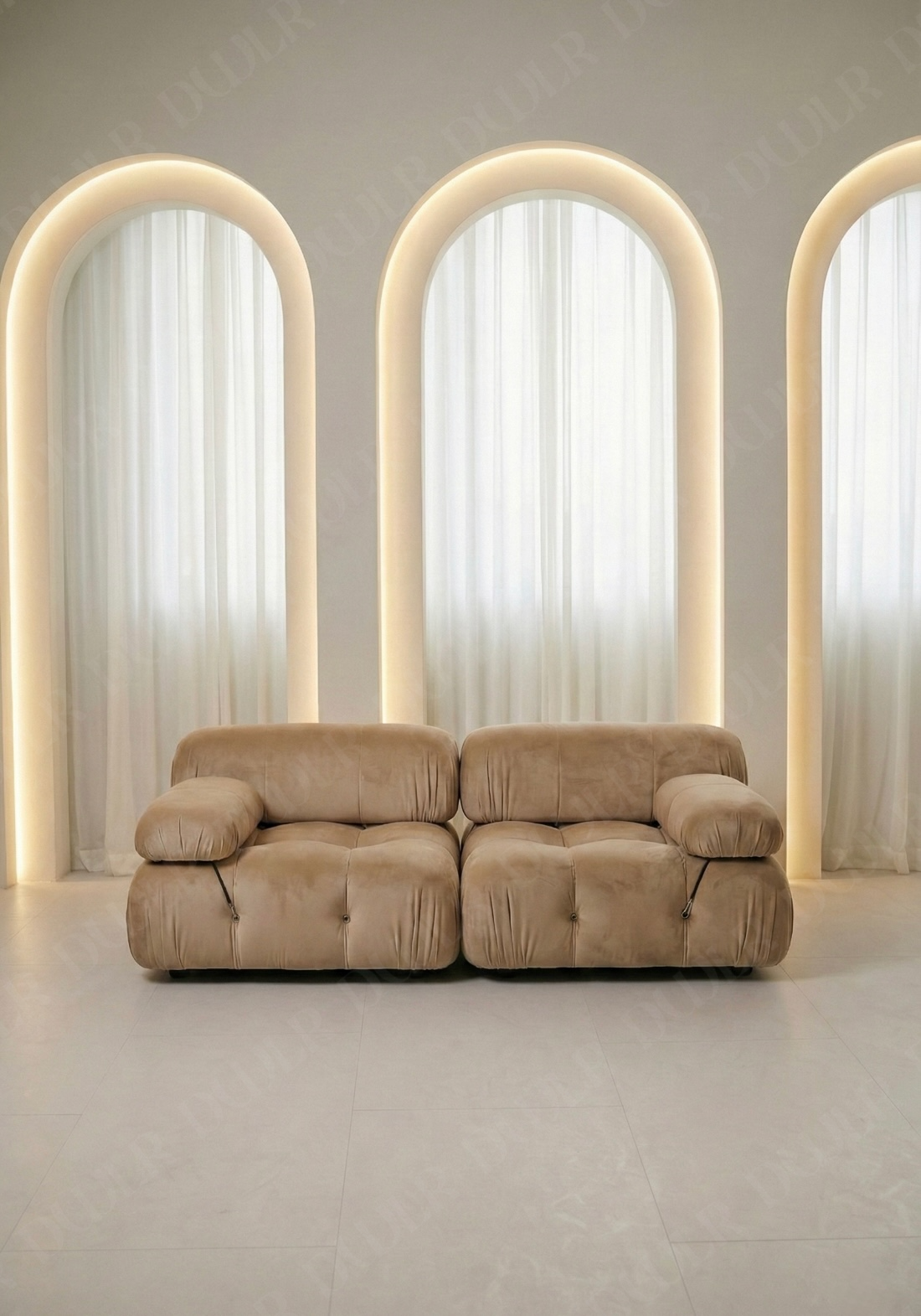 2 seater Cierra modular sofa in beige  velvet  upholstery with plush cushioned seats and modular sectional design