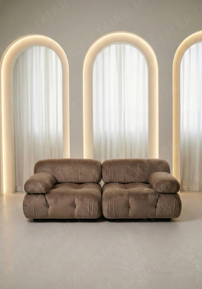 2 seater Cierra modular sofa in taupe  velvet upholstery with plush cushioned seats and modular sectional design