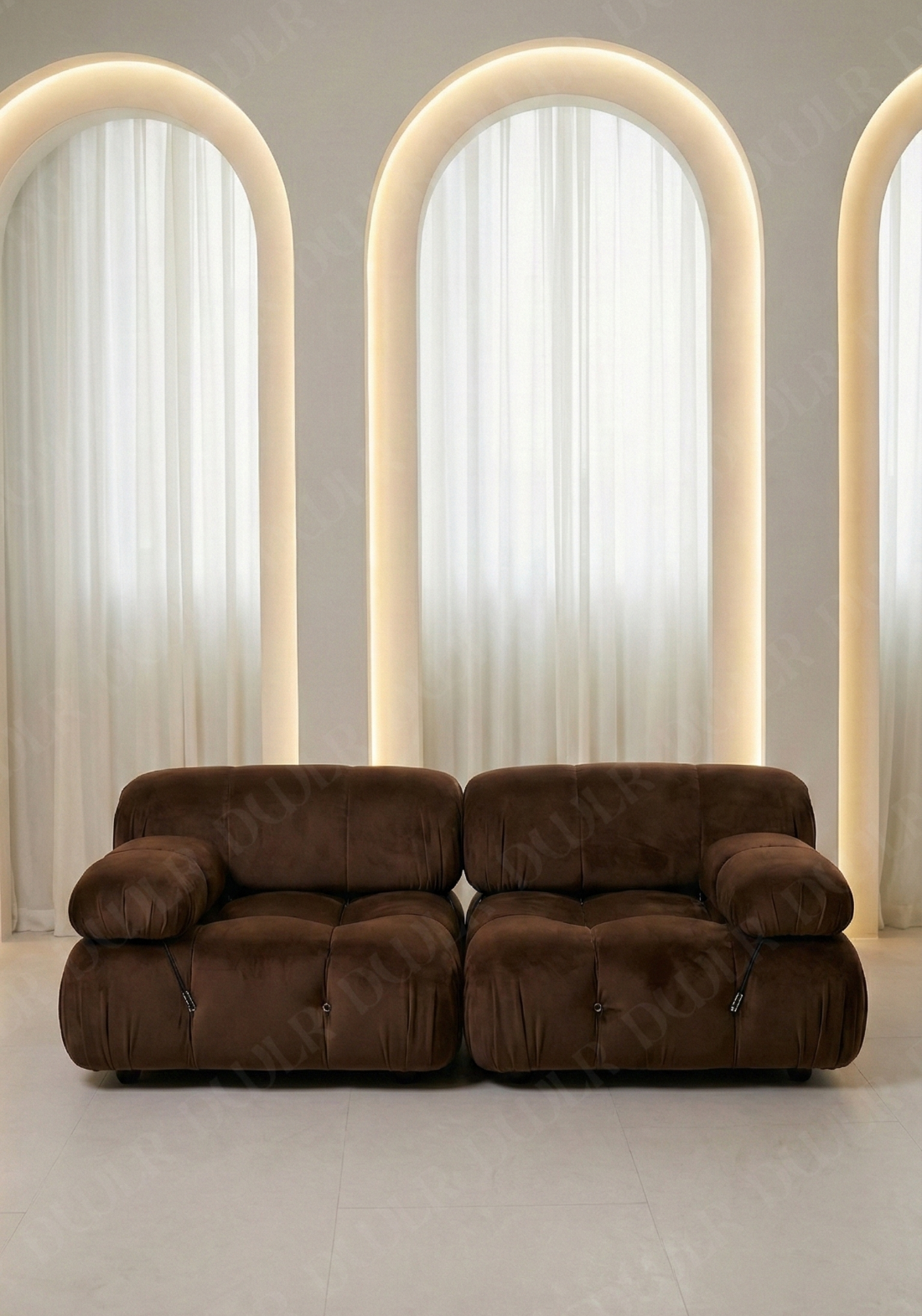 2 seater Cierra modular sofa in brown  velvet  upholstery with plush cushioned seats and modular sectional design
