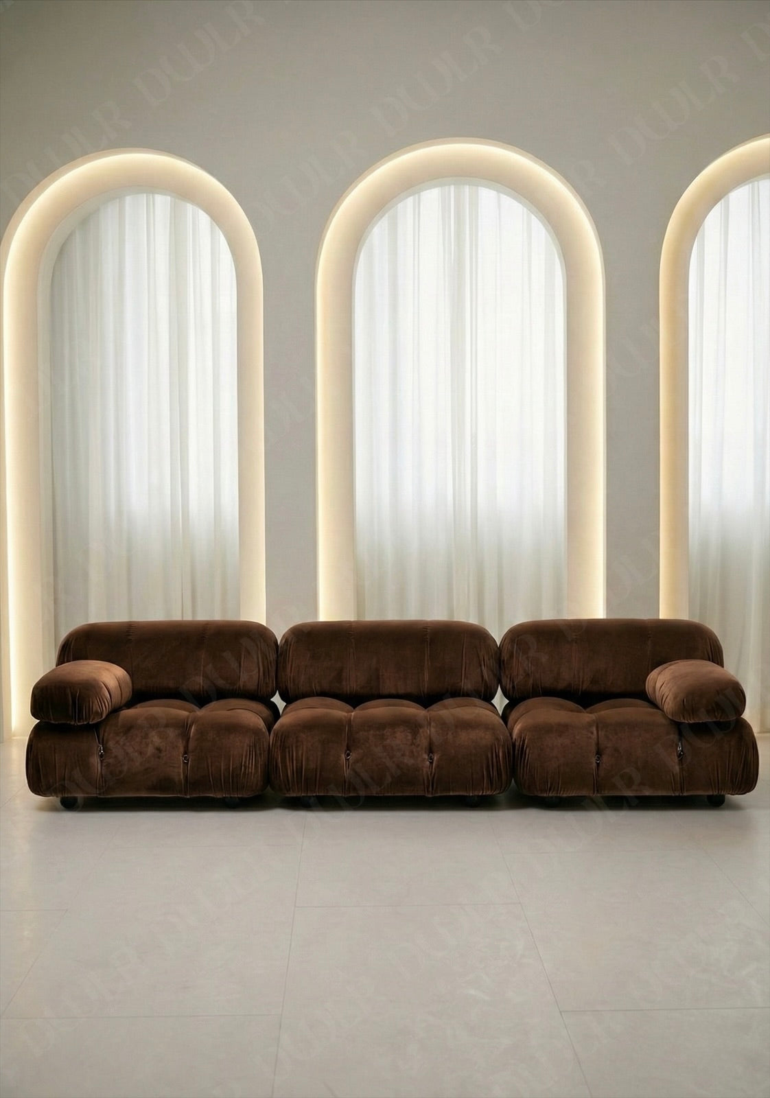 3 seater Cierra modular sofa in brown velvet  upholstery with plush cushioned seats and modular sectional design
