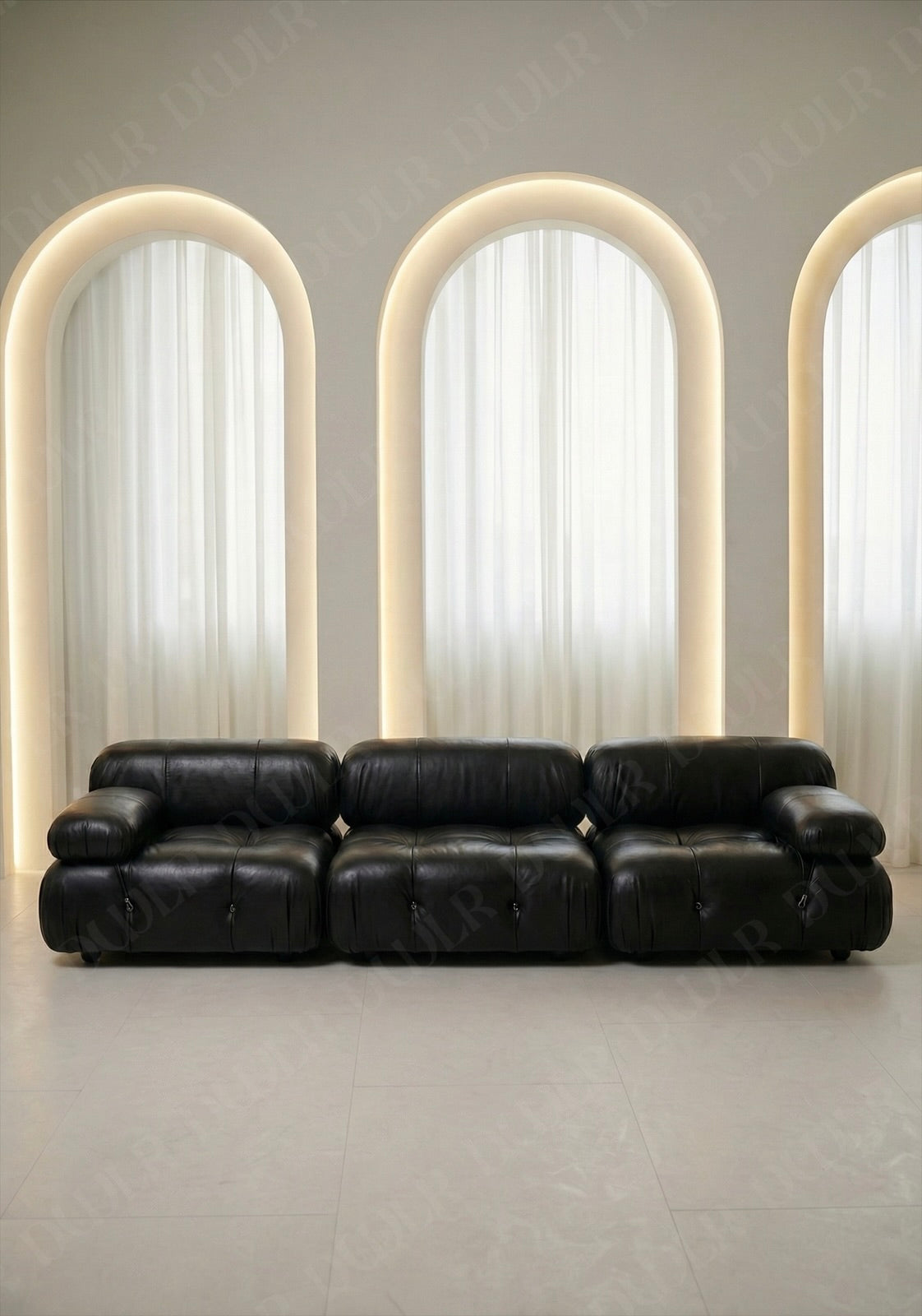 3 seater Cierra modular sofa in black leather upholstery with plush cushioned seats and modular sectional design