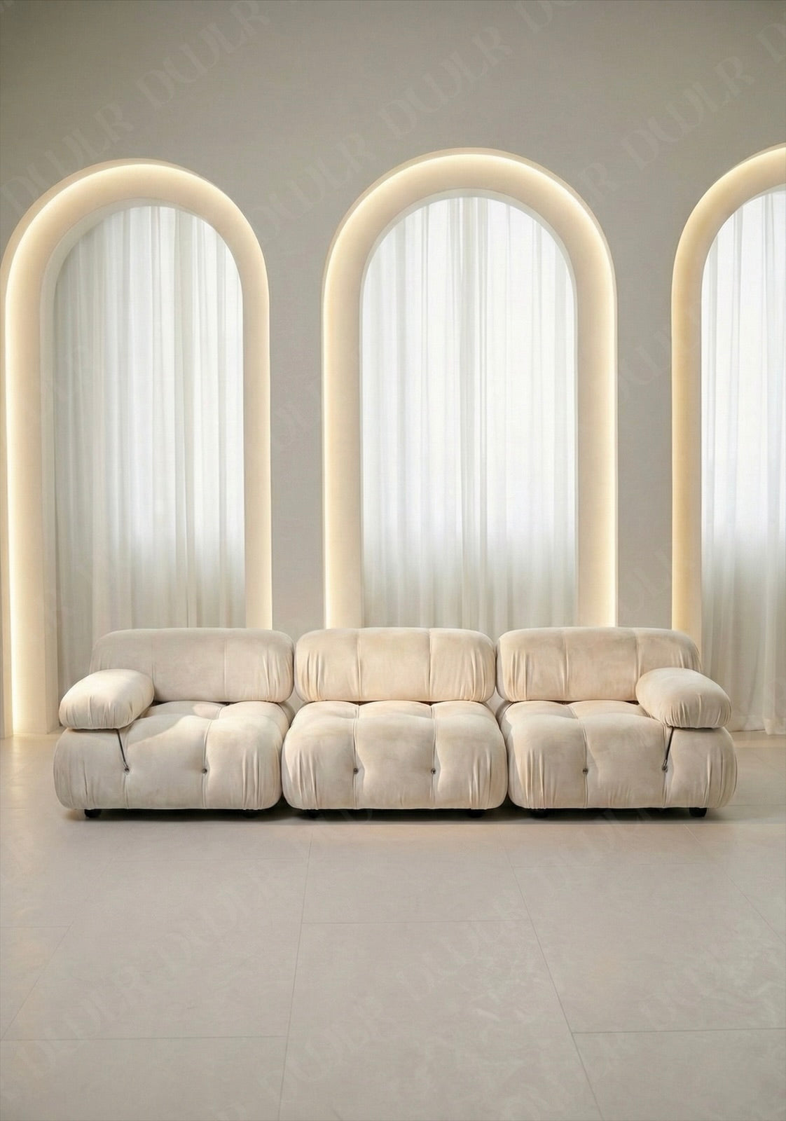 3 seater Cierra modular sofa in off white velvet upholstery with plush cushioned seats and modular sectional design
