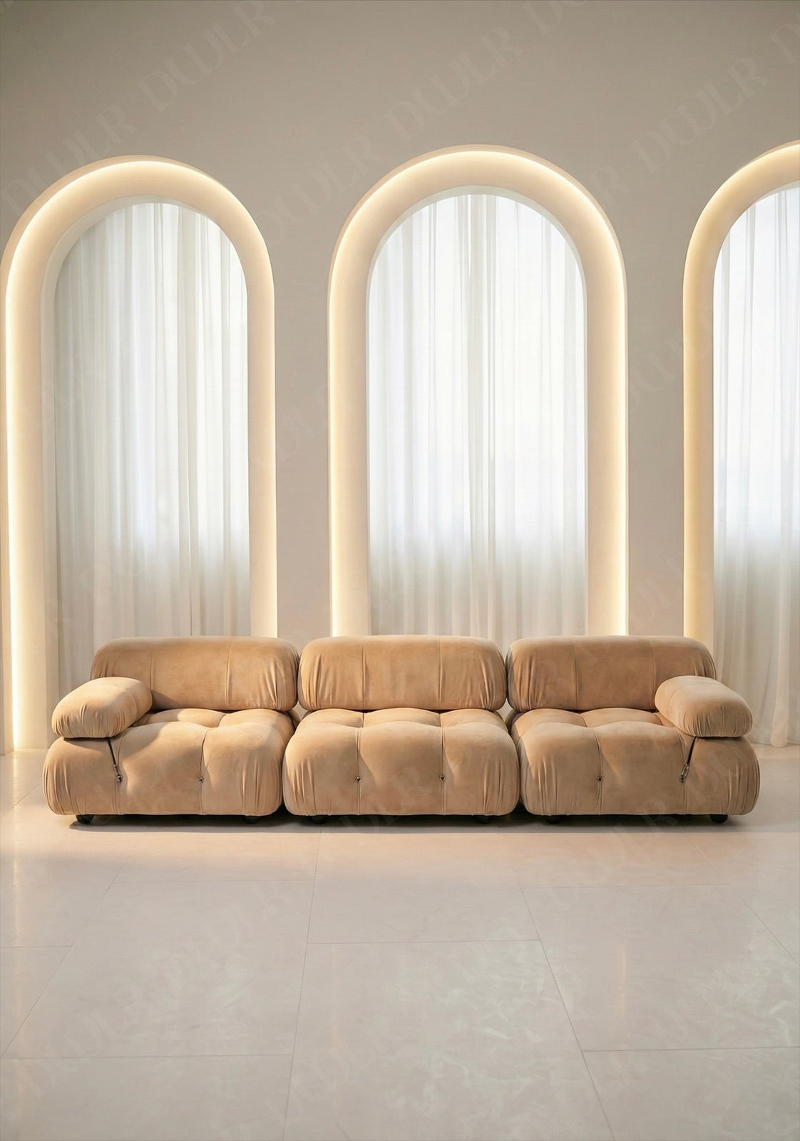 3 seater Cierra modular sofa in beige velvet upholstery with plush cushioned seats and modular sectional design