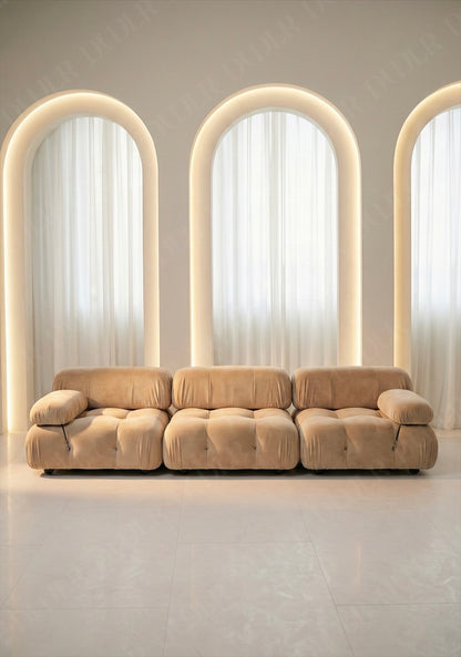 3 seater Cierra modular sofa in beige velvet upholstery with plush cushioned seats and modular sectional design