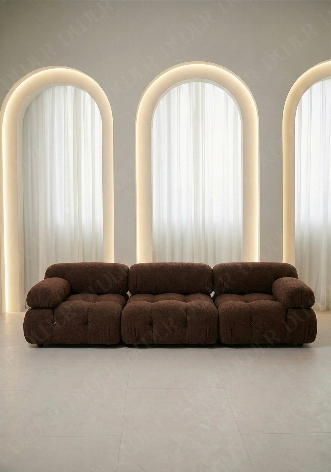 3 seater Cierra modular sofa in brown  boucle upholstery with plush cushioned seats and modular sectional design