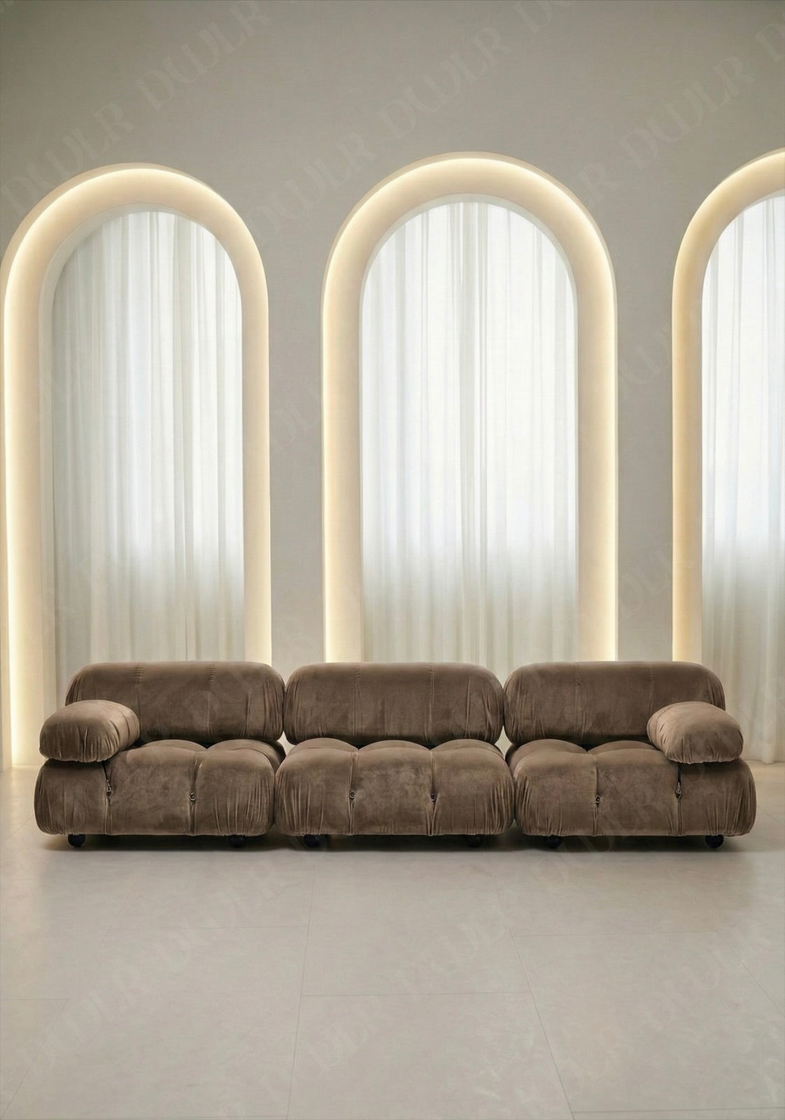 3 seater Cierra modular sofa in taupe velvet upholstery with plush cushioned seats and modular sectional design