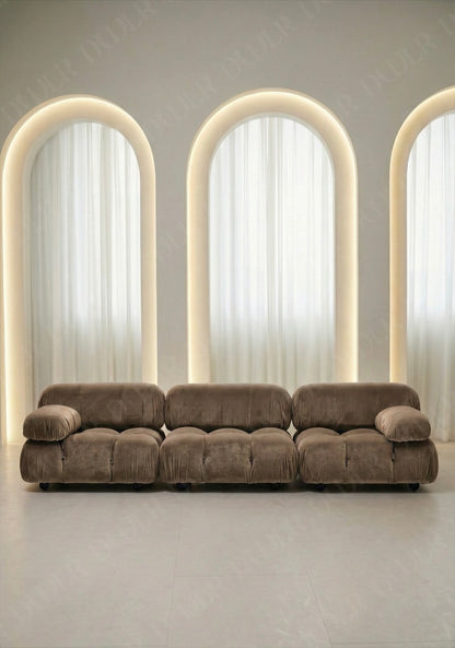 3 seater Cierra modular sofa in taupe velvet upholstery with plush cushioned seats and modular sectional design