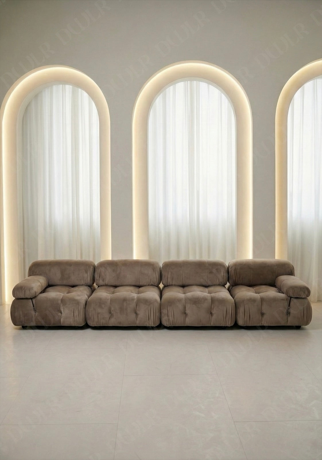 4 seater Cierra modular sofa in taupe  velvet  upholstery with plush cushioned seats and modular sectional design