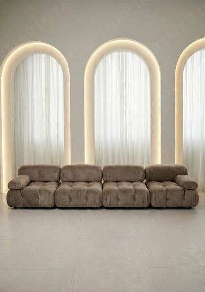 4 seater Cierra modular sofa in taupe  velvet  upholstery with plush cushioned seats and modular sectional design