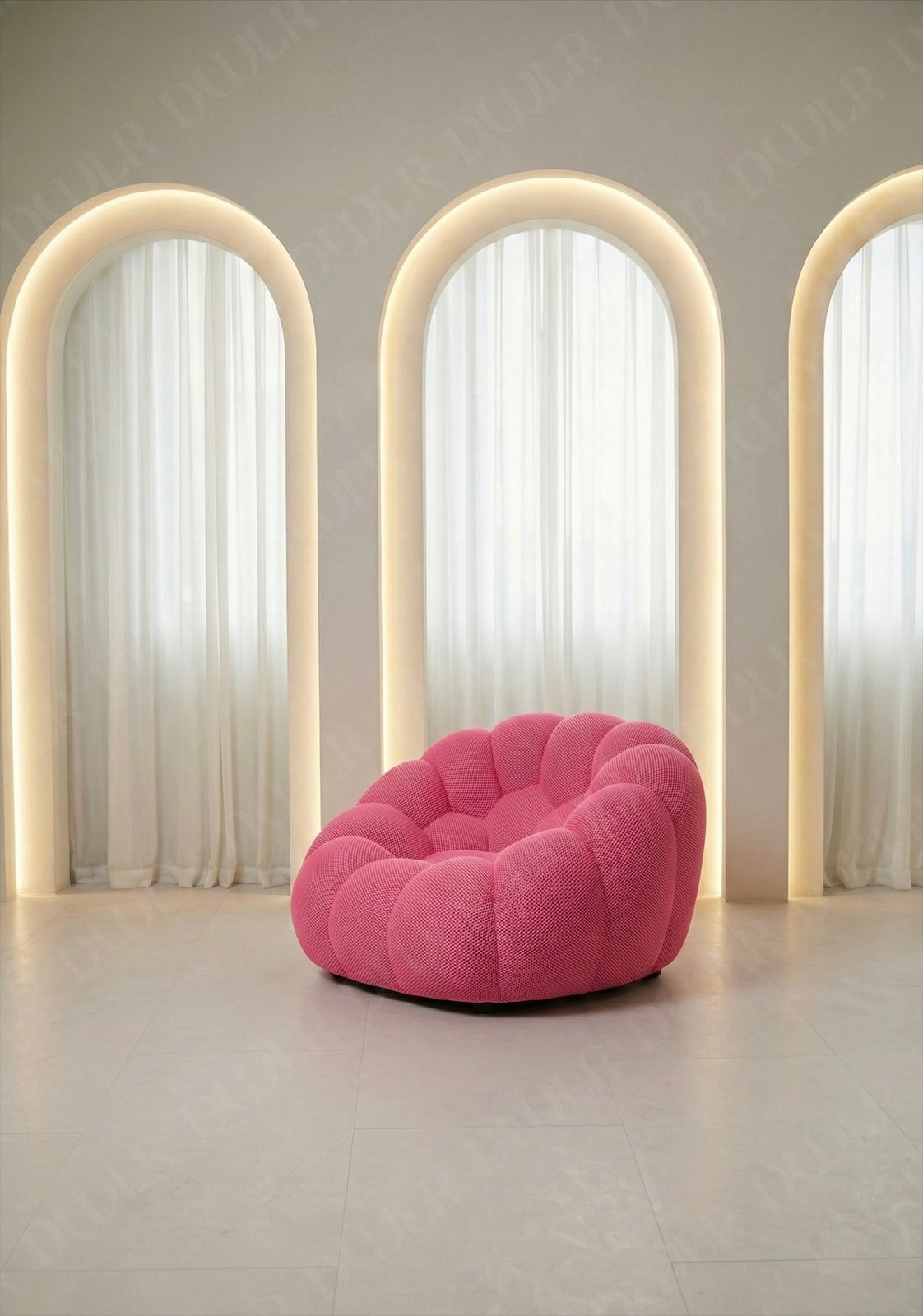 Benna Cloud Chair in pink mesh upholstery with plush, rounded cushions
