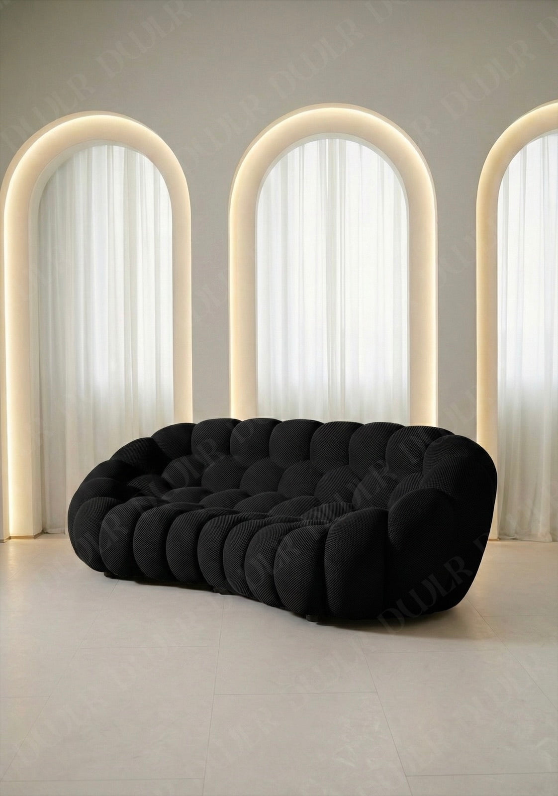 Benna Cloud Sofa in black mesh upholstery with rounded, cushioned silhouette