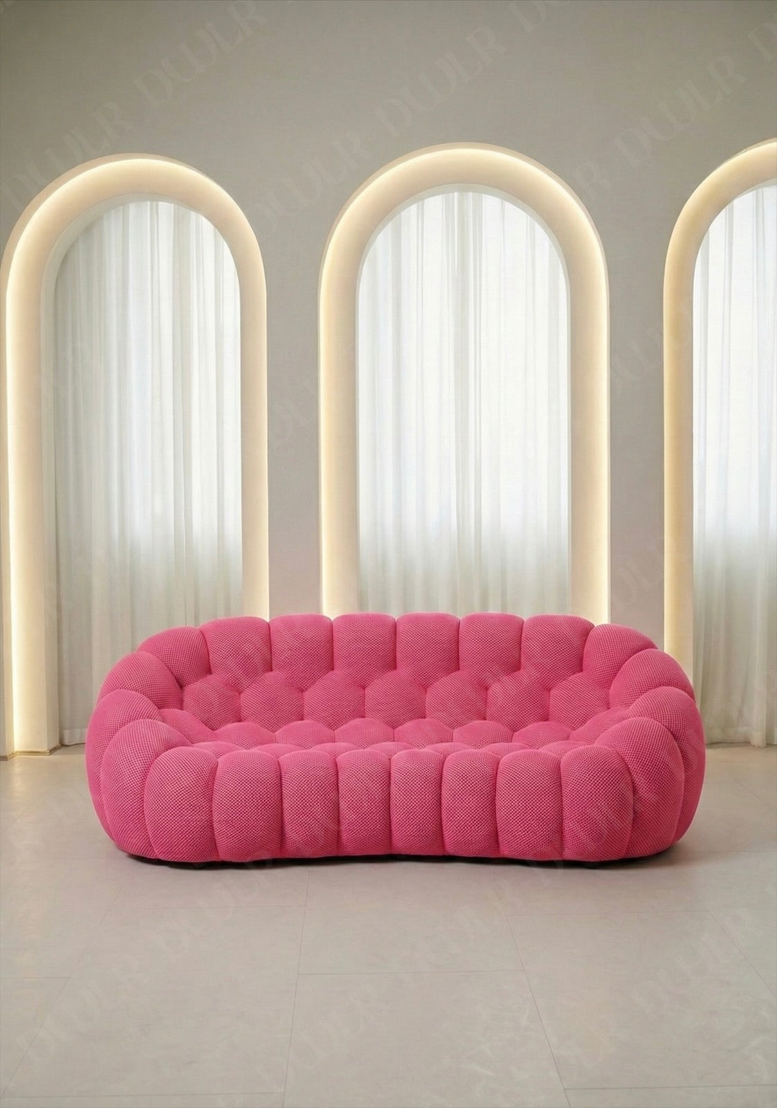 Benna Cloud Sofa in pink mesh upholstery with rounded, cushioned silhouette