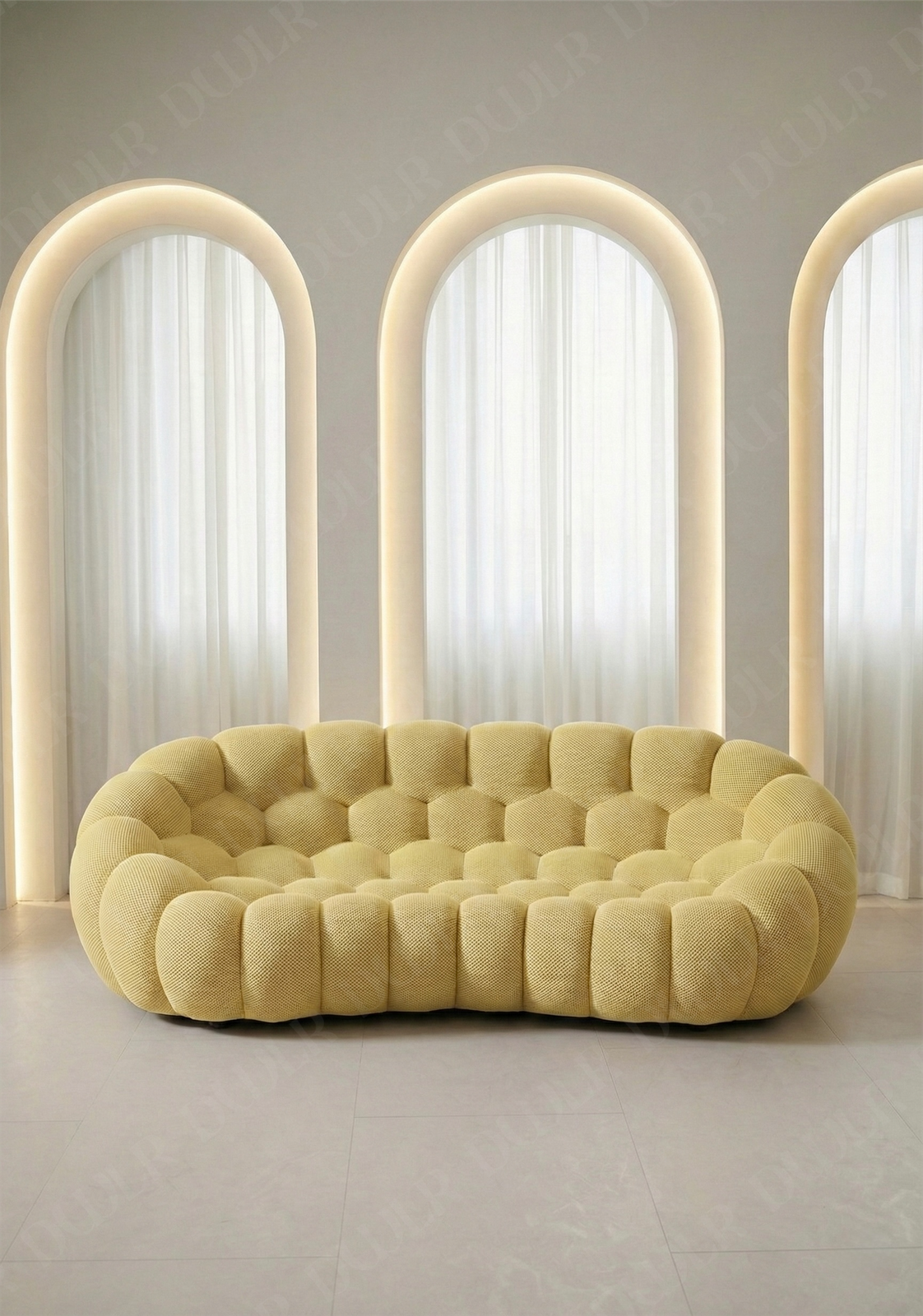 Benna Cloud Sofa in yellow mesh upholstery with rounded, cushioned silhouette