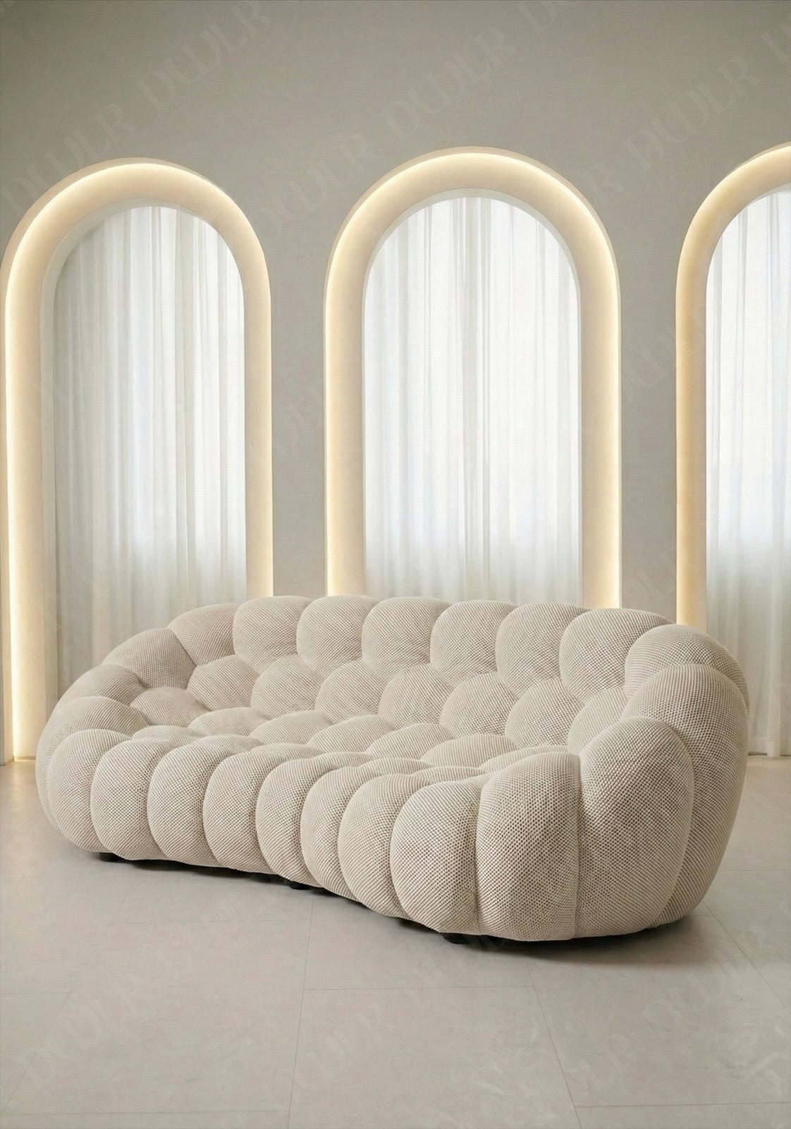Benna Cloud Sofa in white mesh upholstery with rounded, cushioned silhouette