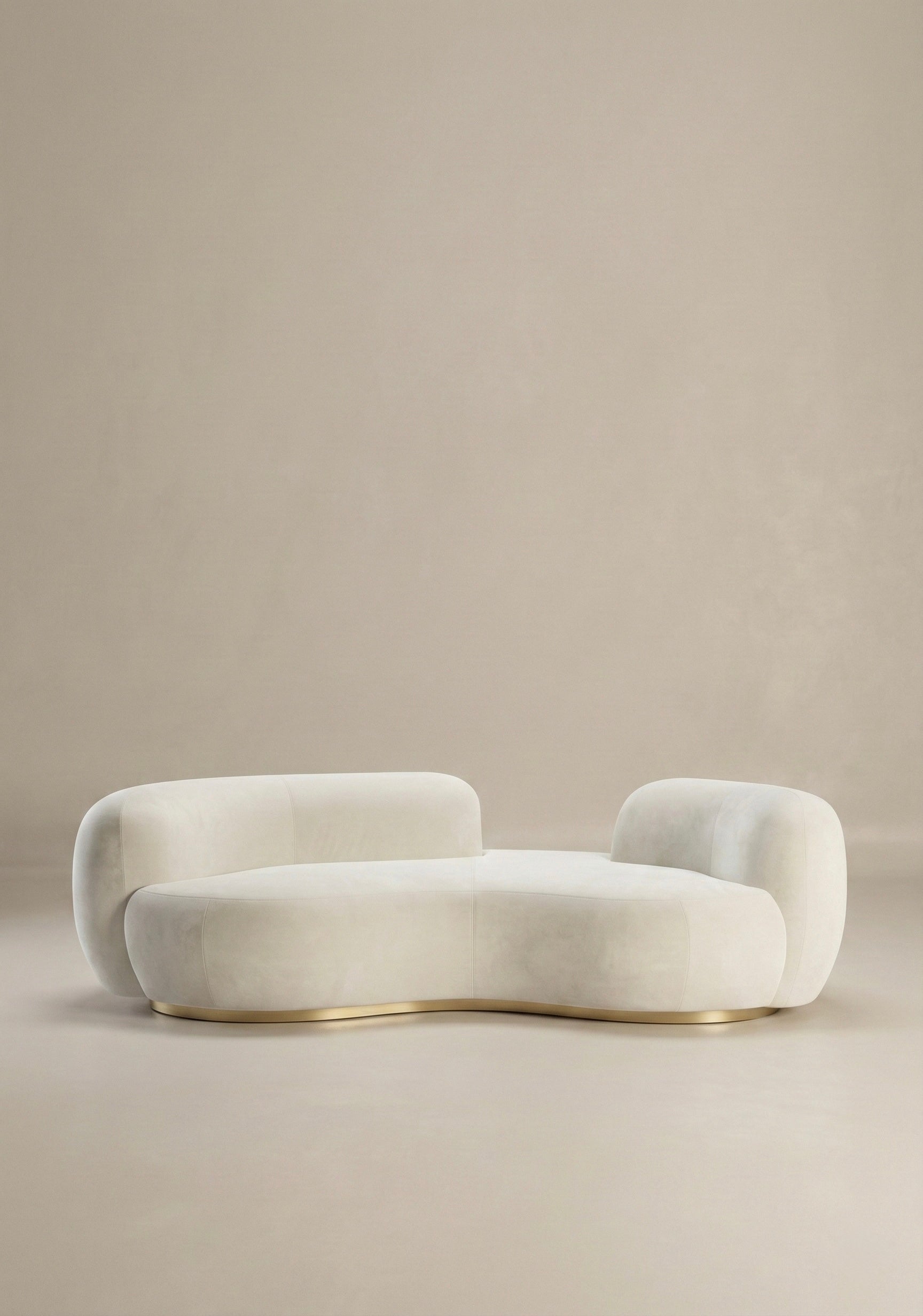 Bera sofa in off white boucle upholstery with curved silhouette and low profile design, without integrated side table