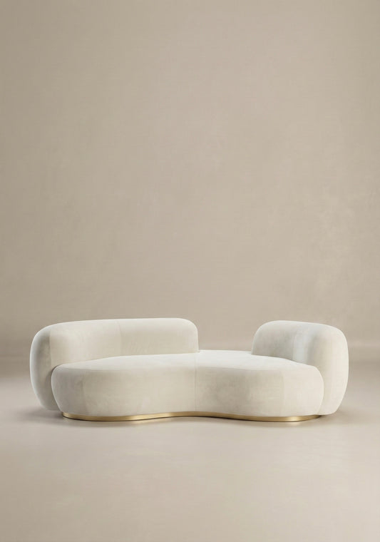 Bera sofa in off white boucle upholstery with curved silhouette and low profile design, without integrated side table