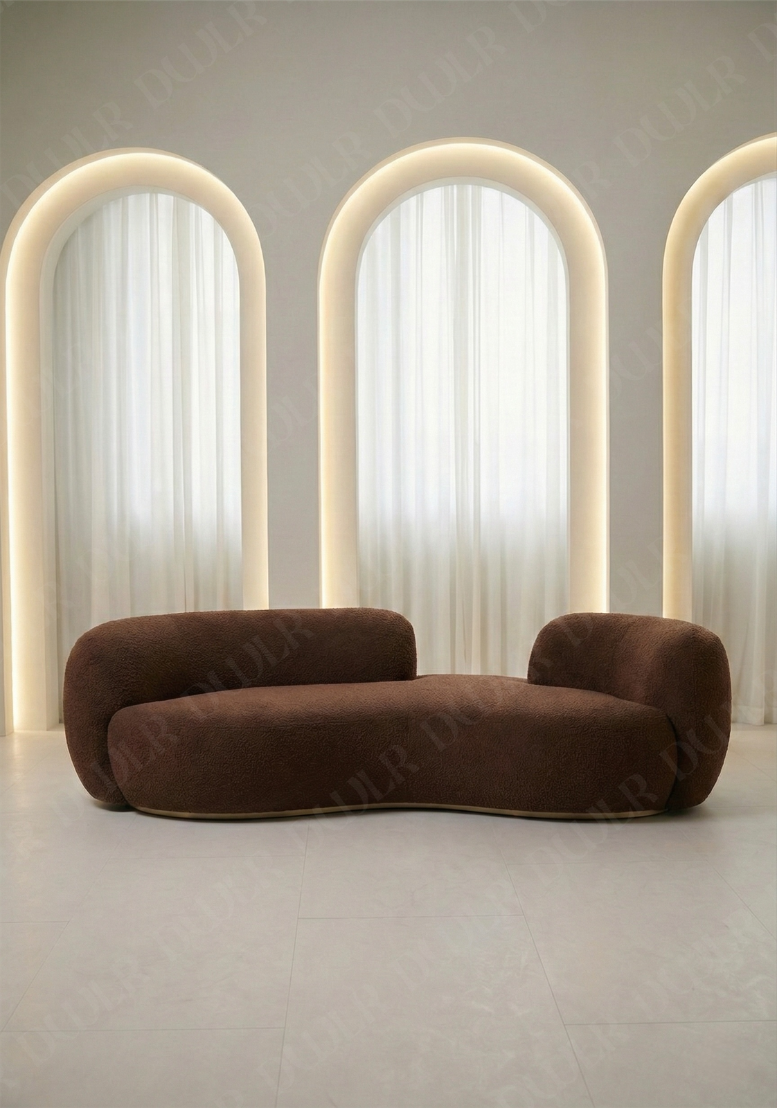 Bera sofa in brown boucle upholstery with curved silhouette and low profile design, without integrated side table