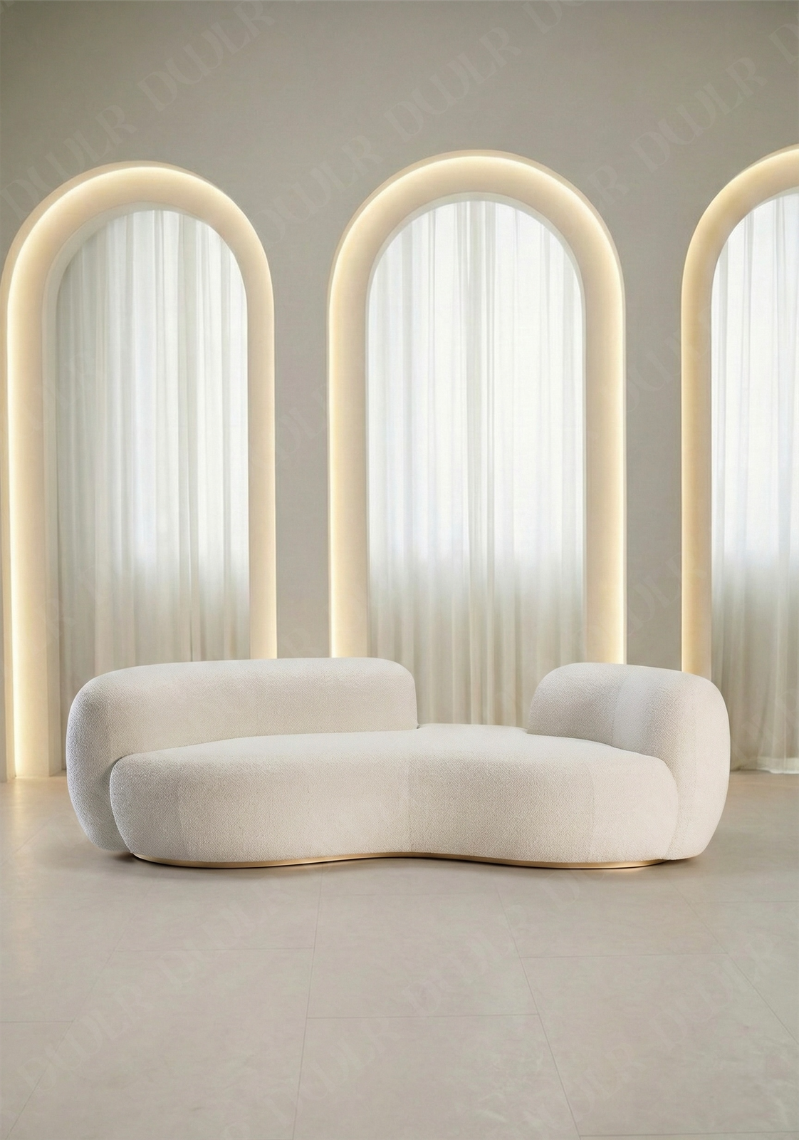 Bera sofa in off white boucle upholstery with curved silhouette and low profile design, without integrated side table