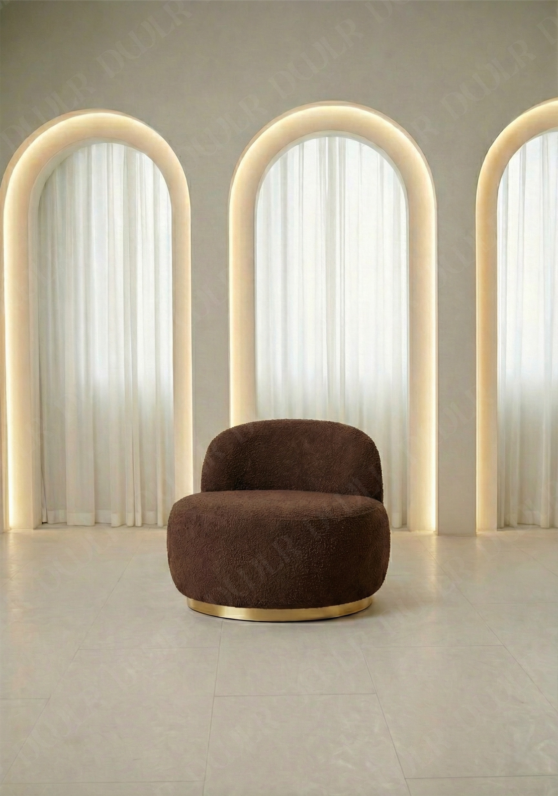 Modern brown armchair in a room with arch-shaped light fixtures.