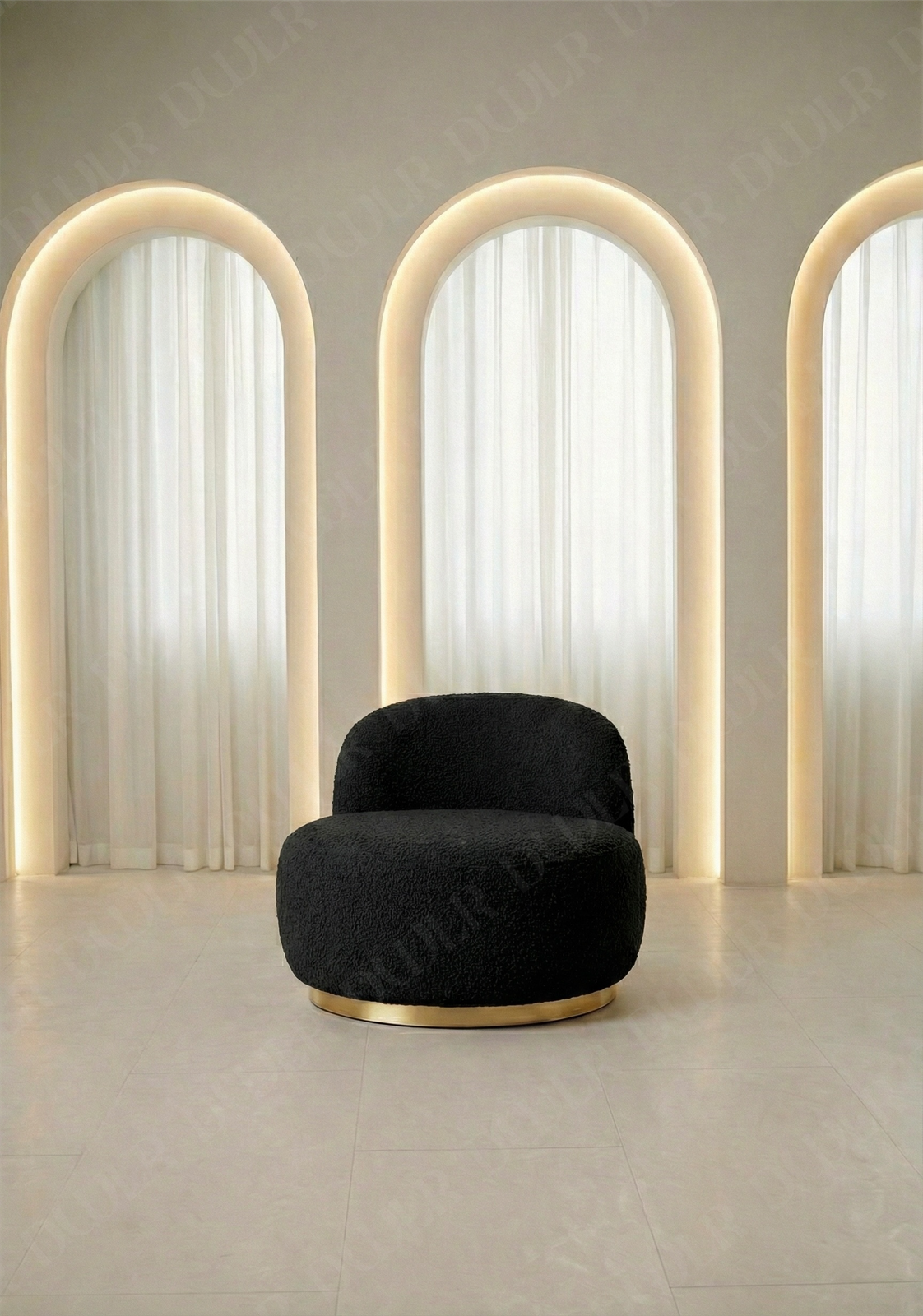 Modern black chair with gold base in front of three arches with lights
