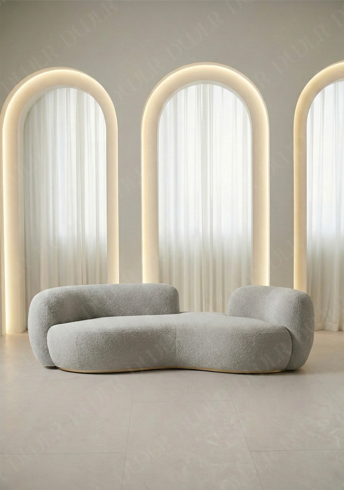 Bera sofa in light grey boucle upholstery with curved silhouette and low profile design, without integrated side table