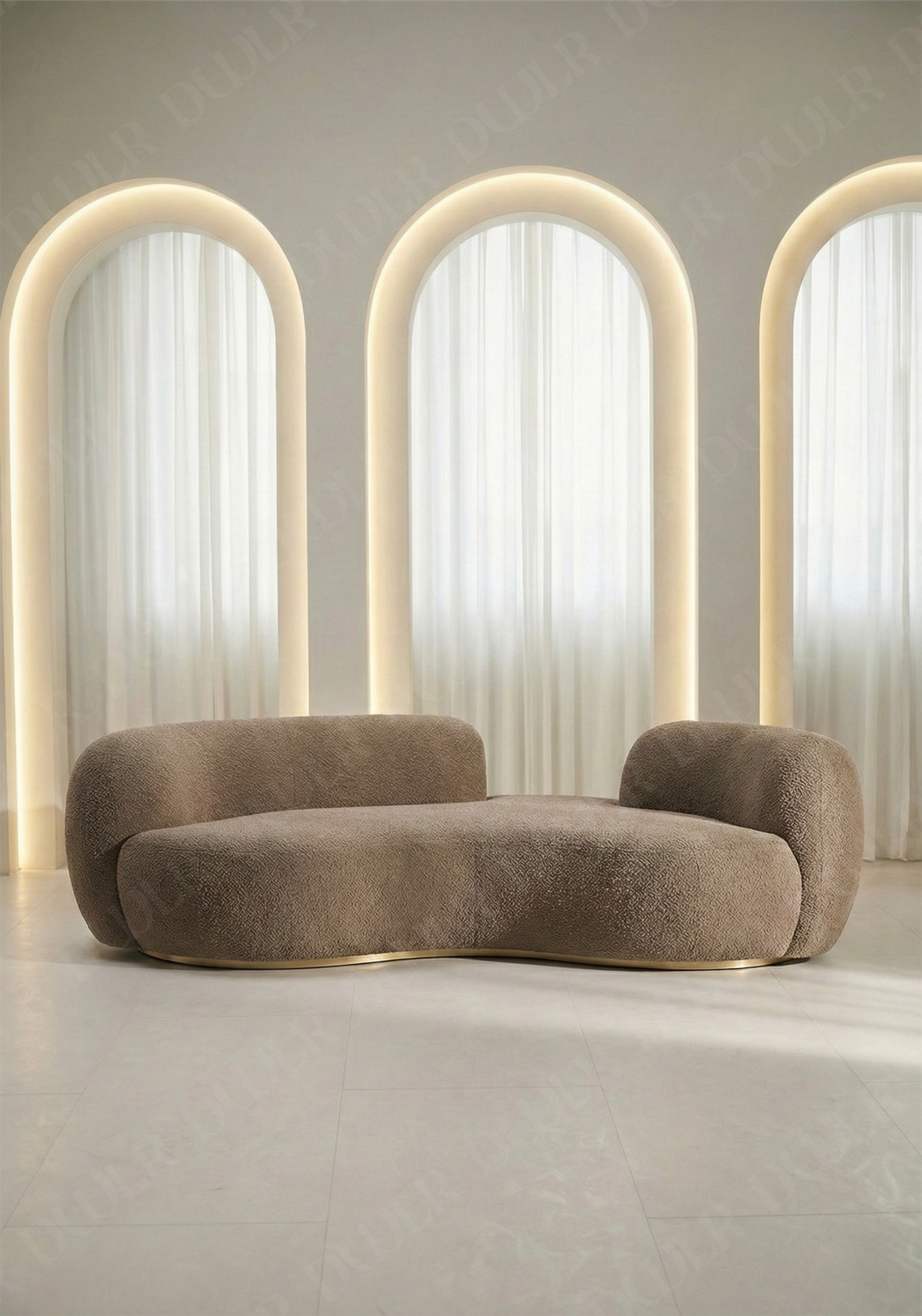 Bera sofa in taupe boucle upholstery with curved silhouette and low profile design, without integrated side table
