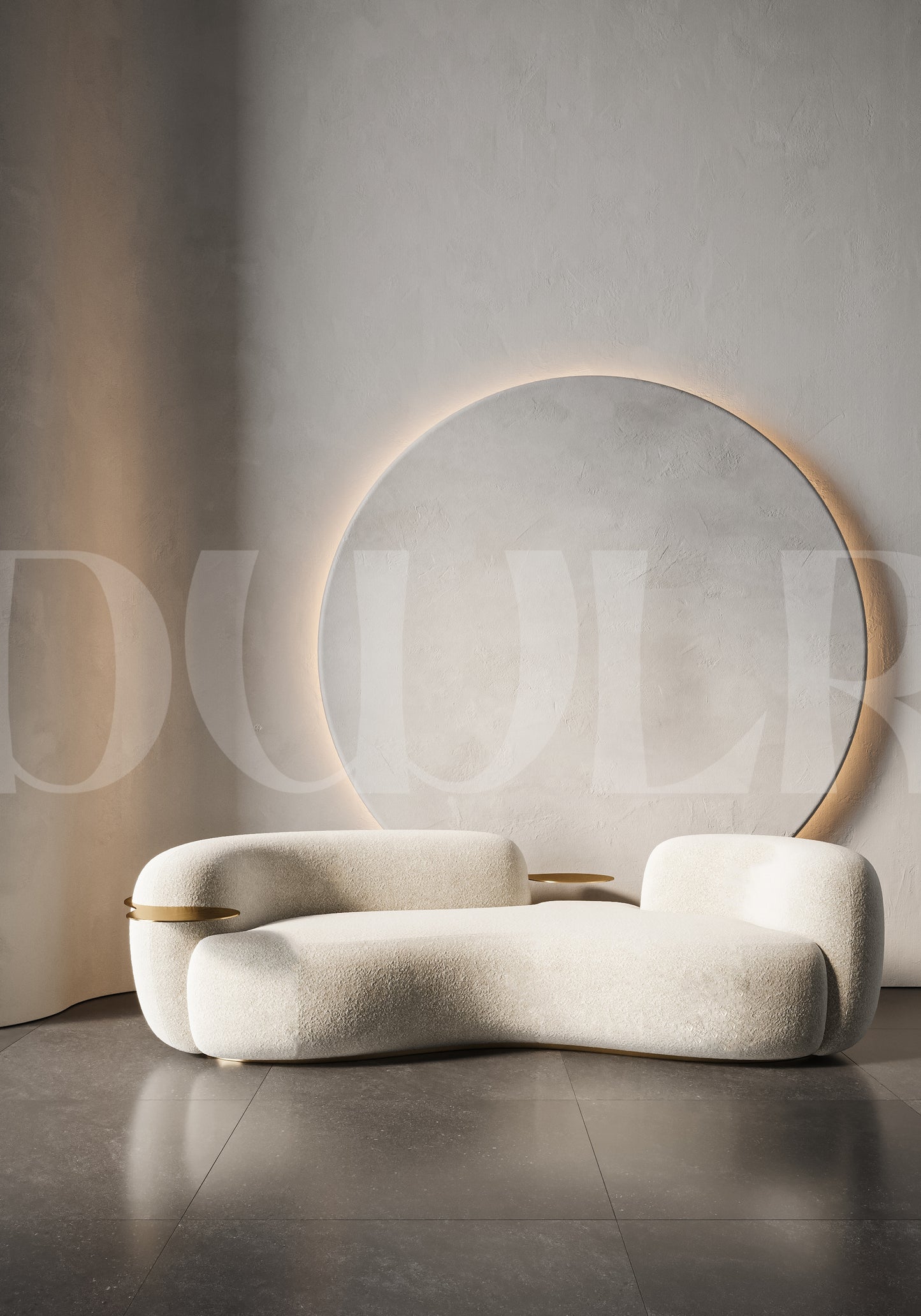 Bera sofa in boucle upholstery with integrated side table and curved low profile design