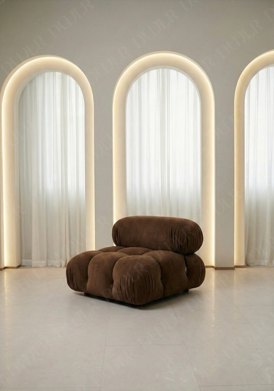 Cierra modular middle seat with backrest in brown suede upholstery designed for flexible seating layouts