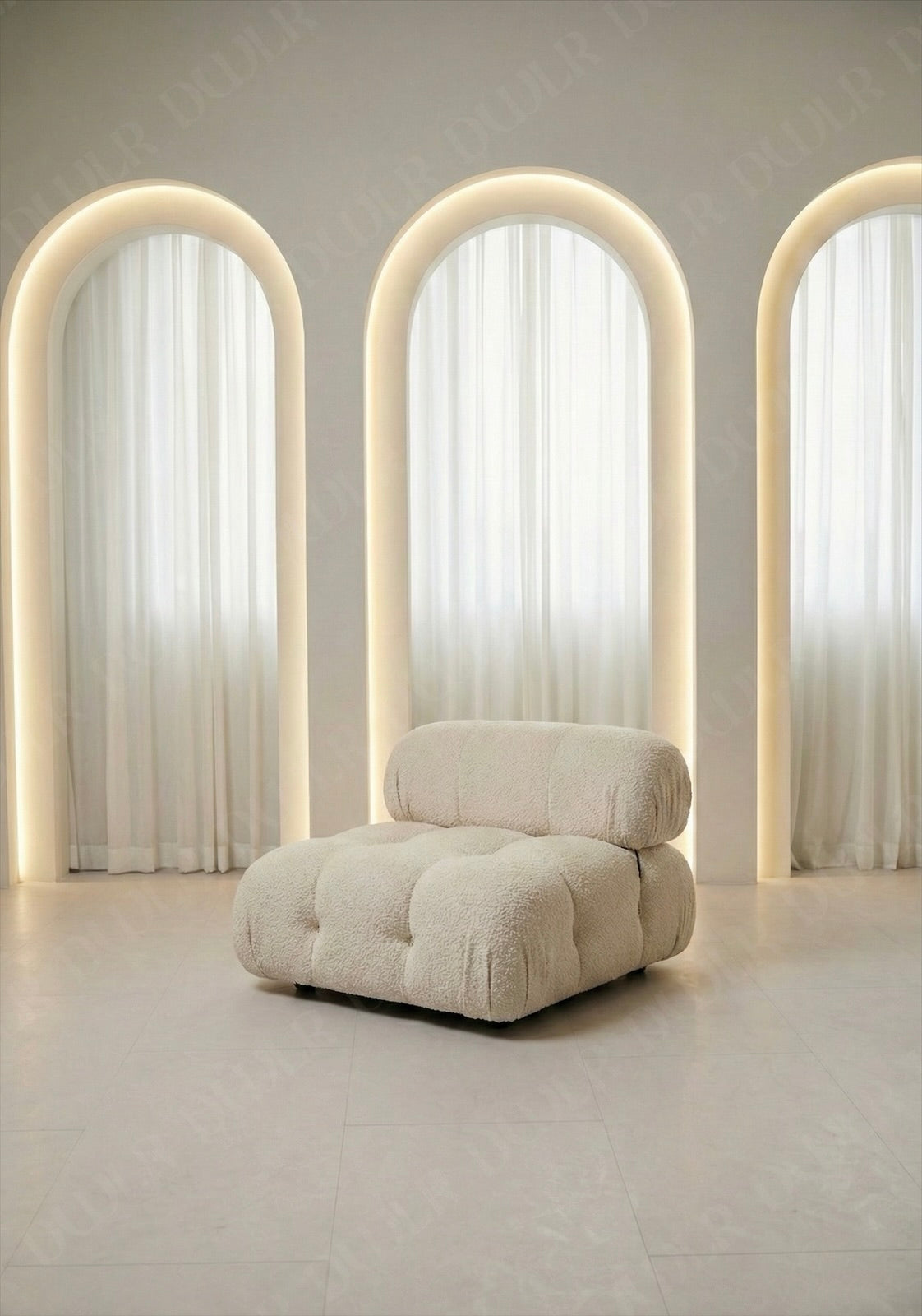 Cierra modular middle seat with backrest in off white boucle upholstery designed for flexible seating layouts