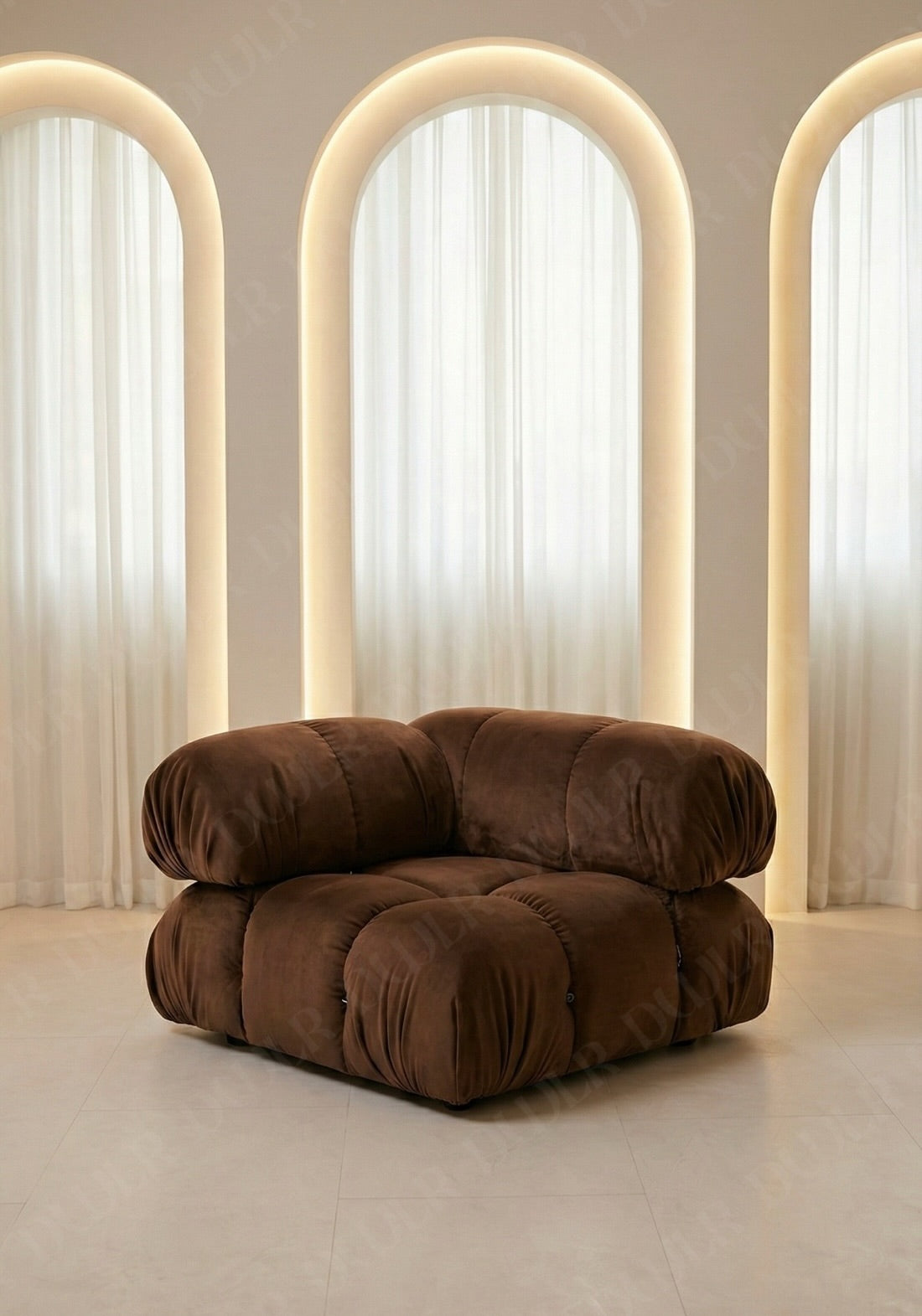 Cierra modular seat with backrest and high armrest in brown velvet upholstery designed for flexible seating layouts