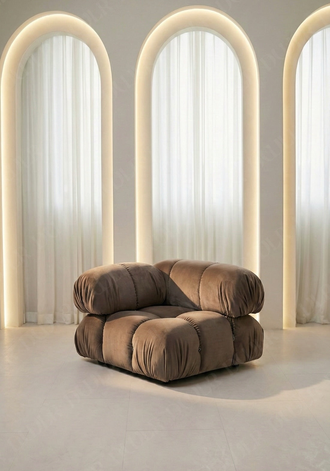 Cierra modular seat with backrest and high armrest in taupe velvet upholstery designed for flexible seating layouts