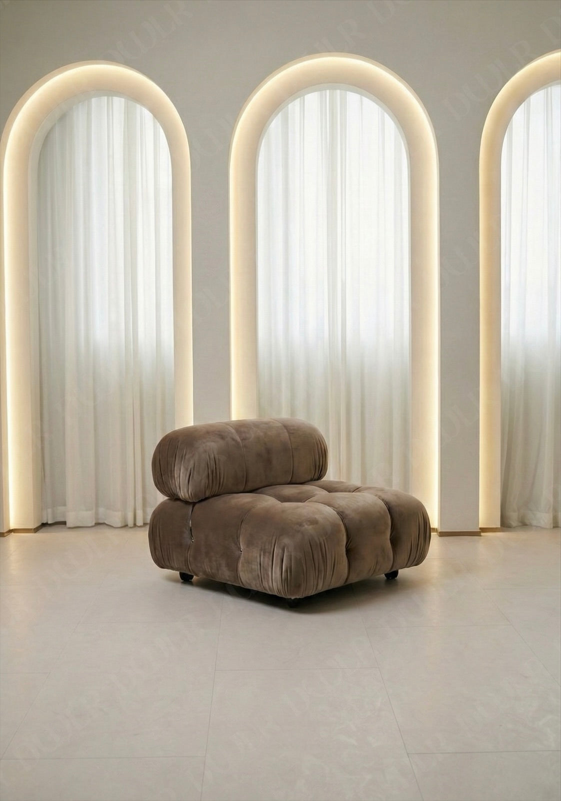 Cierra modular middle seat with backrest in taupe velvet upholstery designed for flexible seating layouts