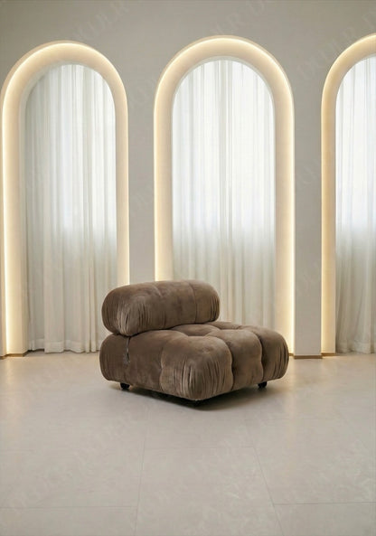 Cierra modular middle seat with backrest in taupe velvet upholstery designed for flexible seating layouts