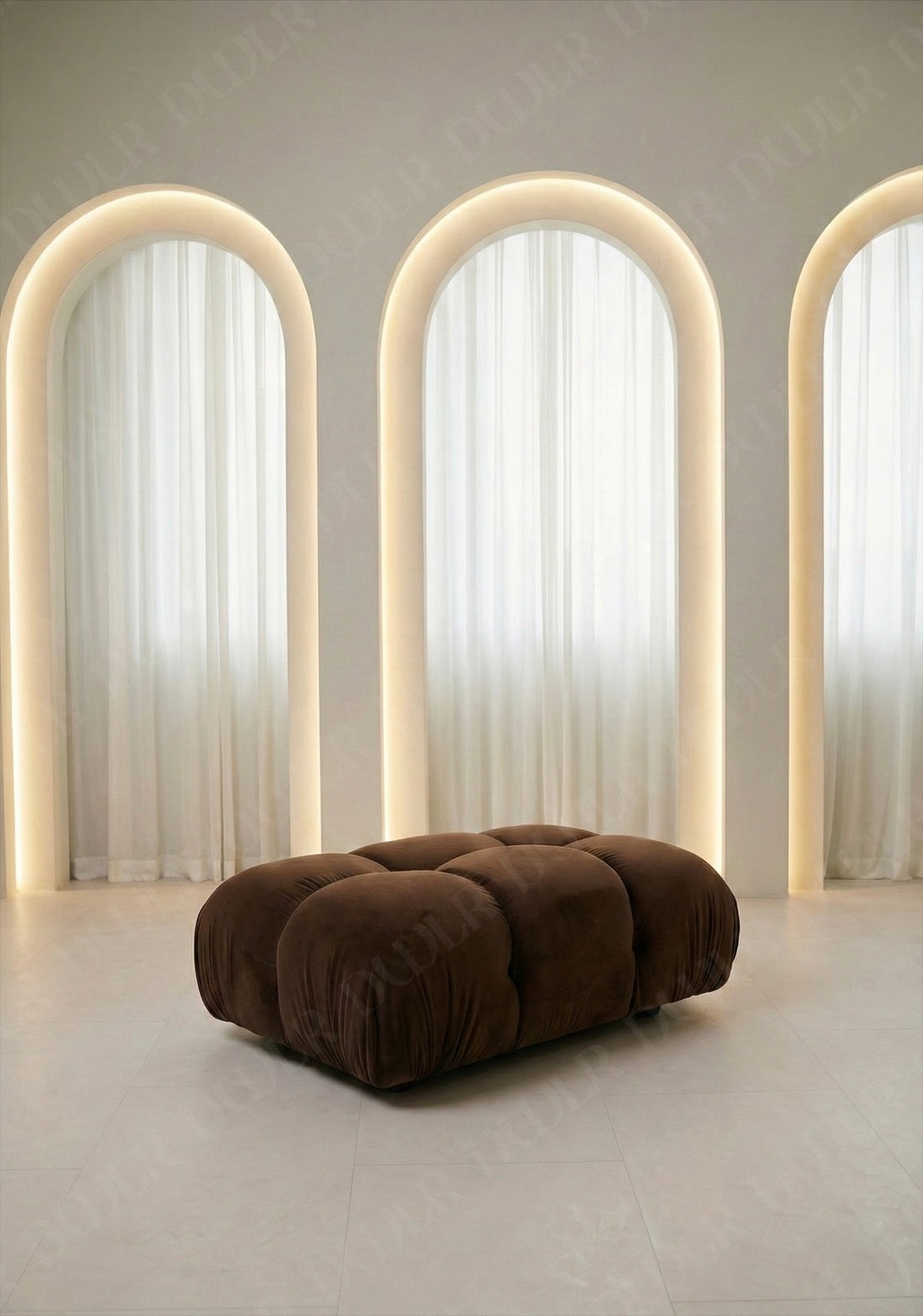 Cierra small modular ottoman in brown suede upholstery for flexible seating arrangements