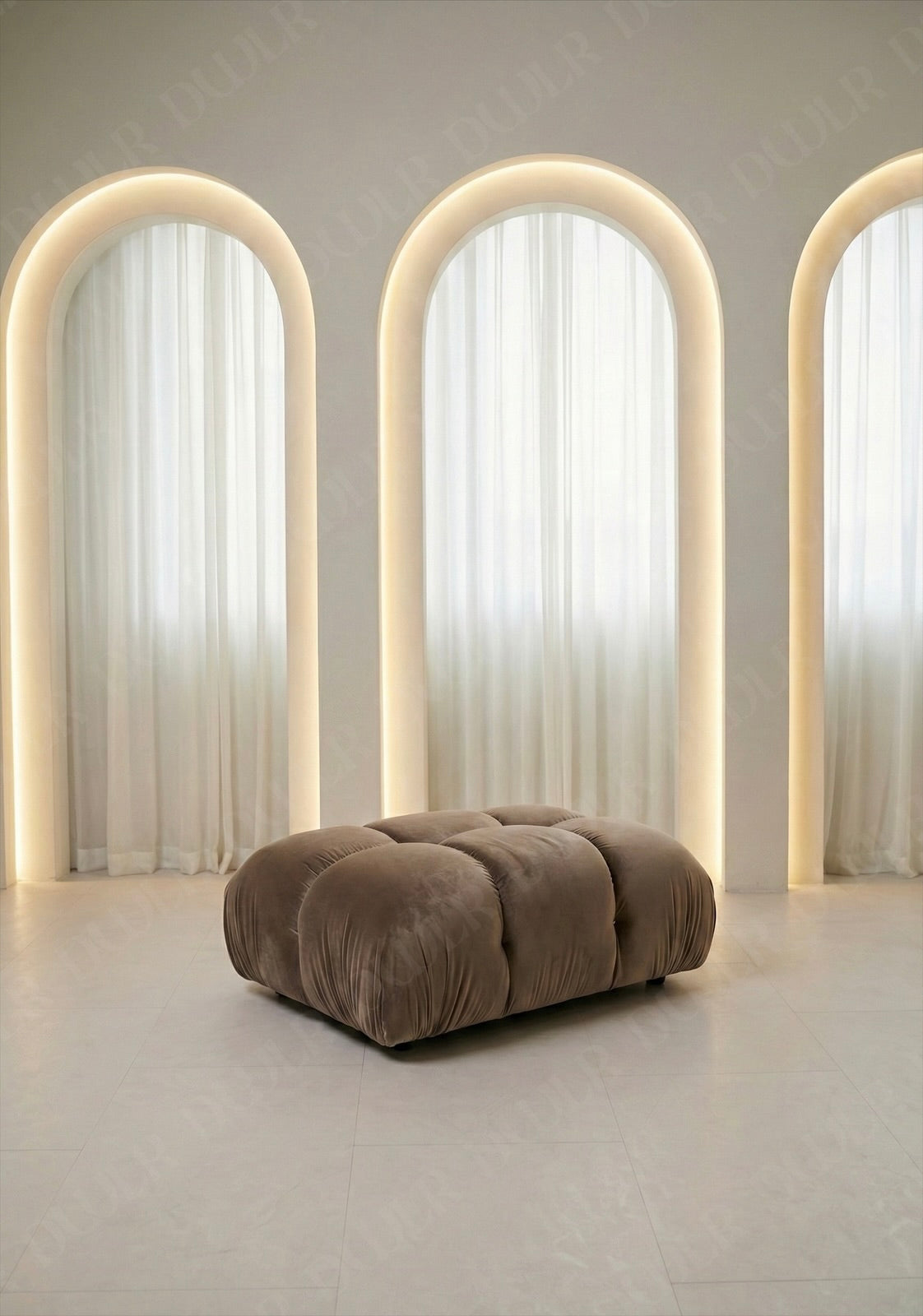 Cierra small modular ottoman in taupe velvet upholstery for flexible seating arrangements