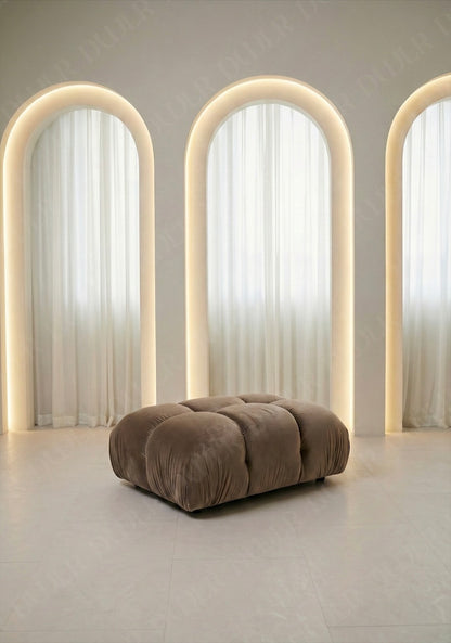 Cierra small modular ottoman in taupe velvet upholstery for flexible seating arrangements