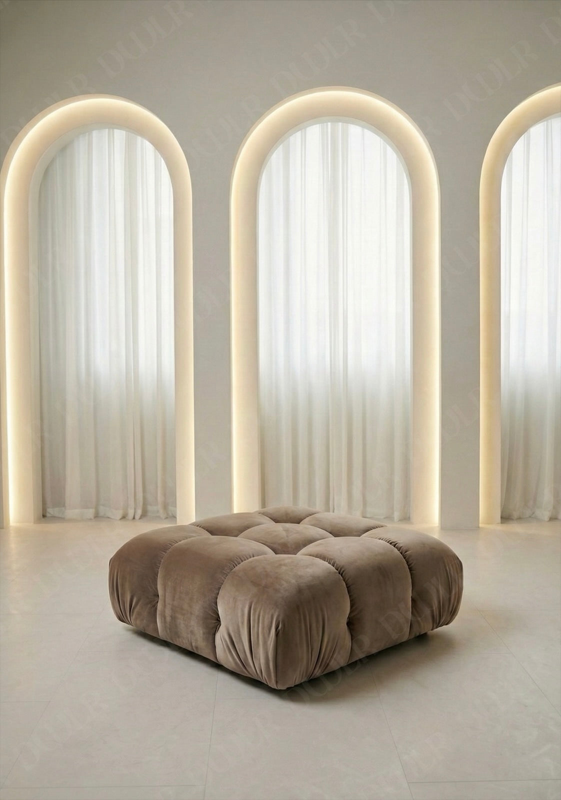 Cierra modular ottoman upholstered in taupe velvet fabric designed to be used as footrest or seating extension