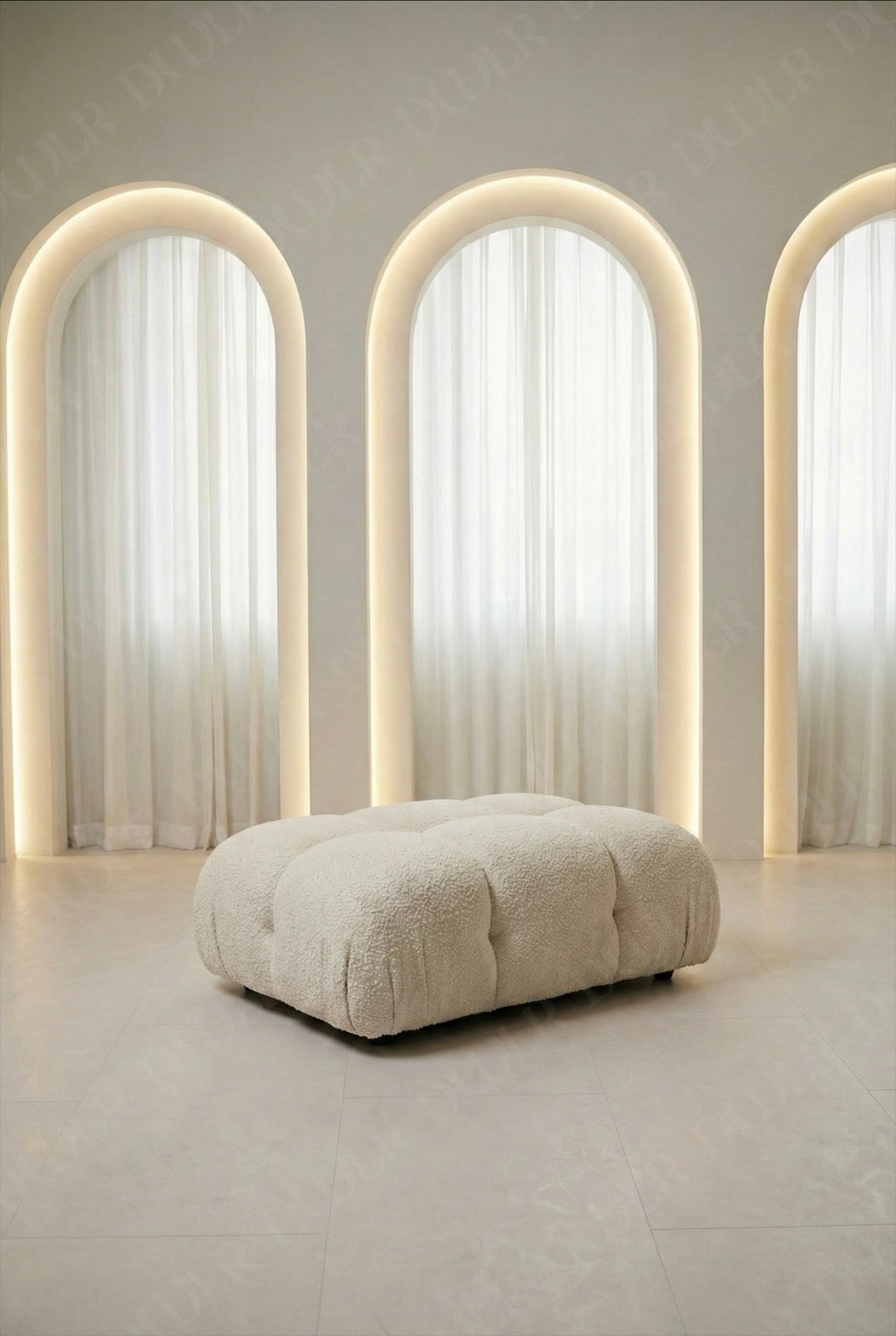 Cierra small modular ottoman in off white boucle upholstery for flexible seating arrangements