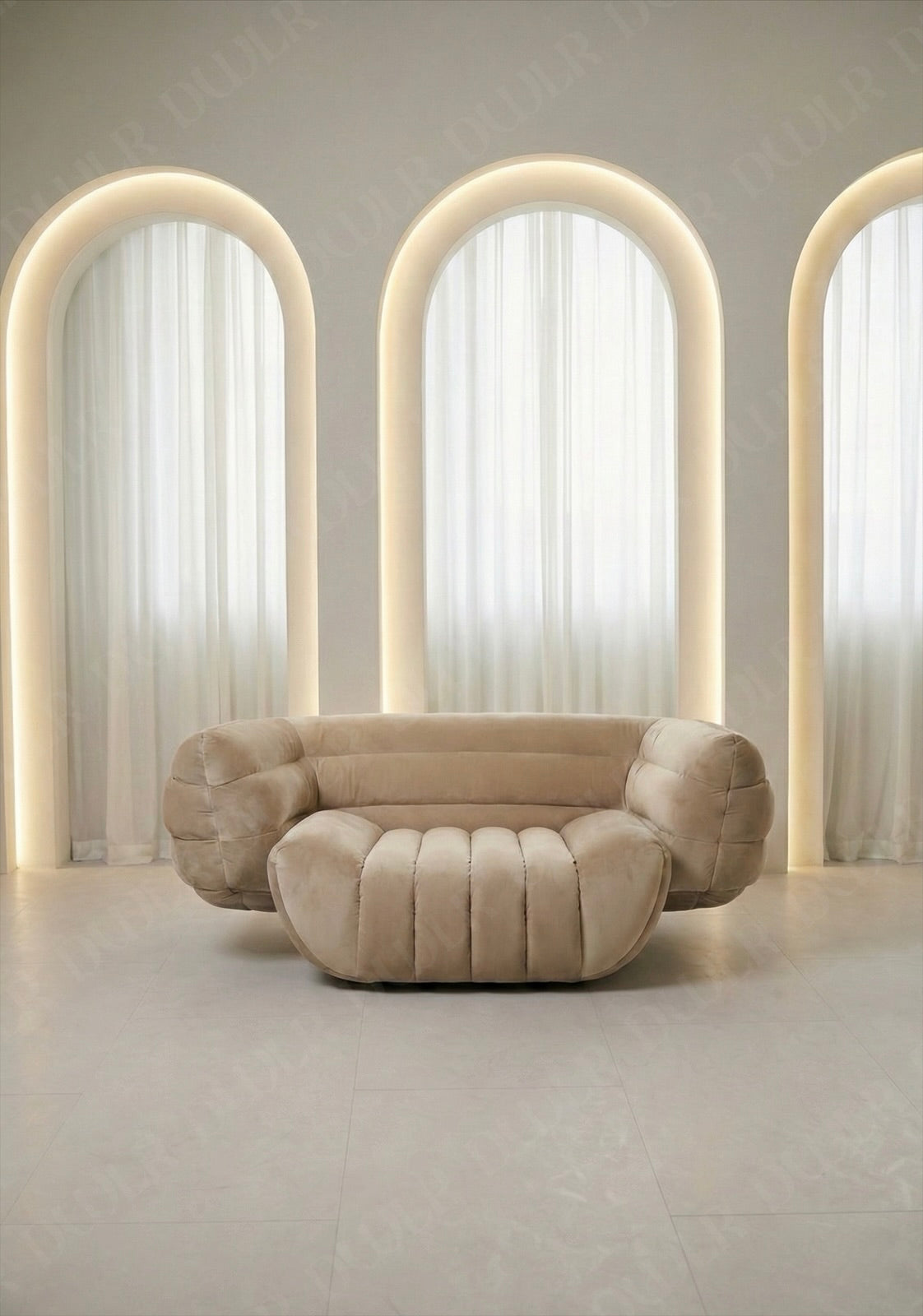 Beige sofa in a modern room with arches and soft lighting
