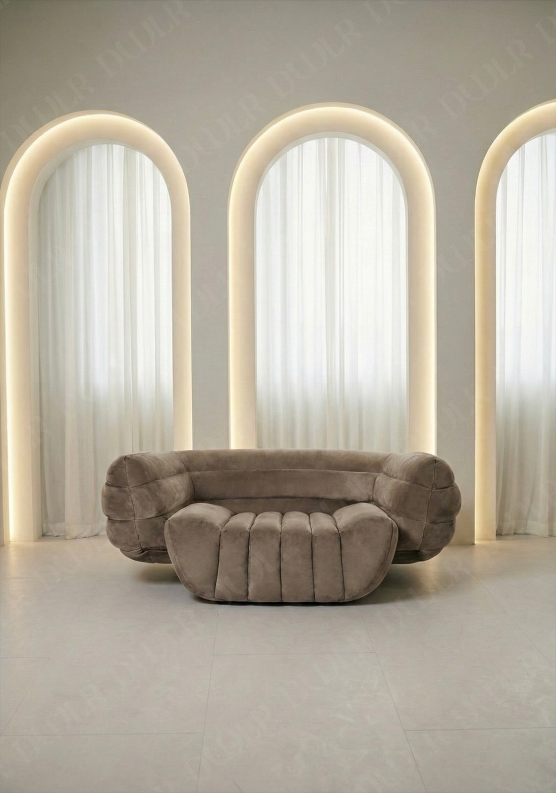 Modern brown sofa in a room with arches and soft lighting
